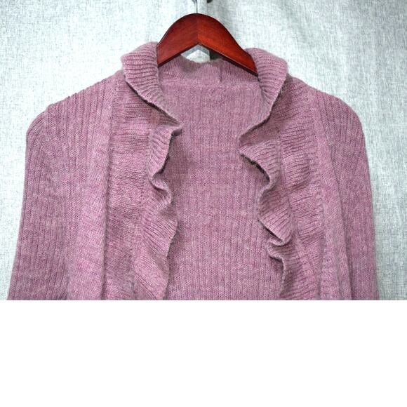 Italian Made Mohair Wool Blend Ruffle Open Front Cardigan Sweater in Mauve  6 - Picture 2 of 2